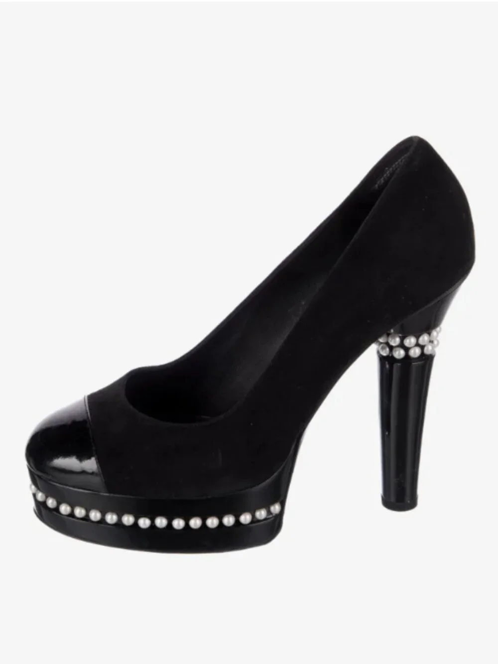 Chanel Pearl Platform Pumps Heels Cap Toe Black Suede Size 39 US 9